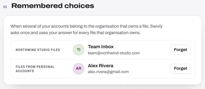 Settings listing remembered choices per organisation, each with a Forget button
